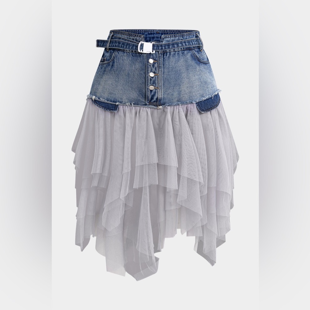 Nwt Micas Denim Mesh‎ Patchwork High Waist denim and tulle Skirt